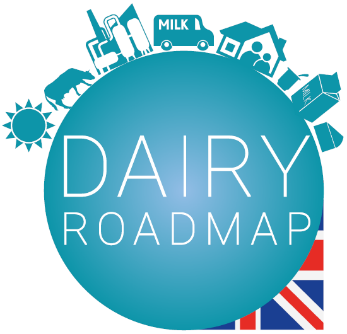 Dairy Roadmap logo featuring cows, sun, milk and a house around a circle with GB flag